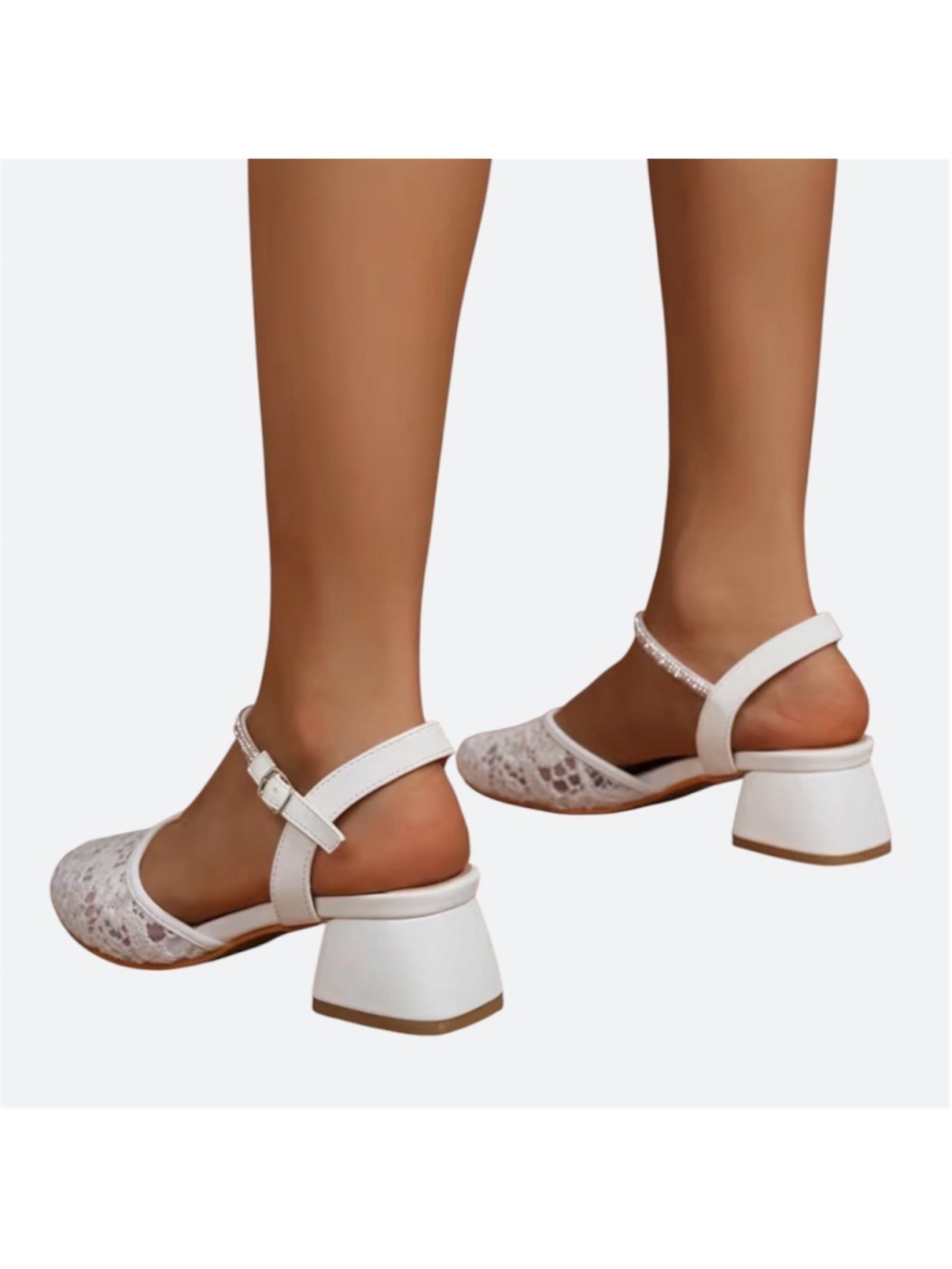 White Lace Low Block Heel Ankle Strap Wedding Shoe Sandals Size 40 - Picture 3 of 10